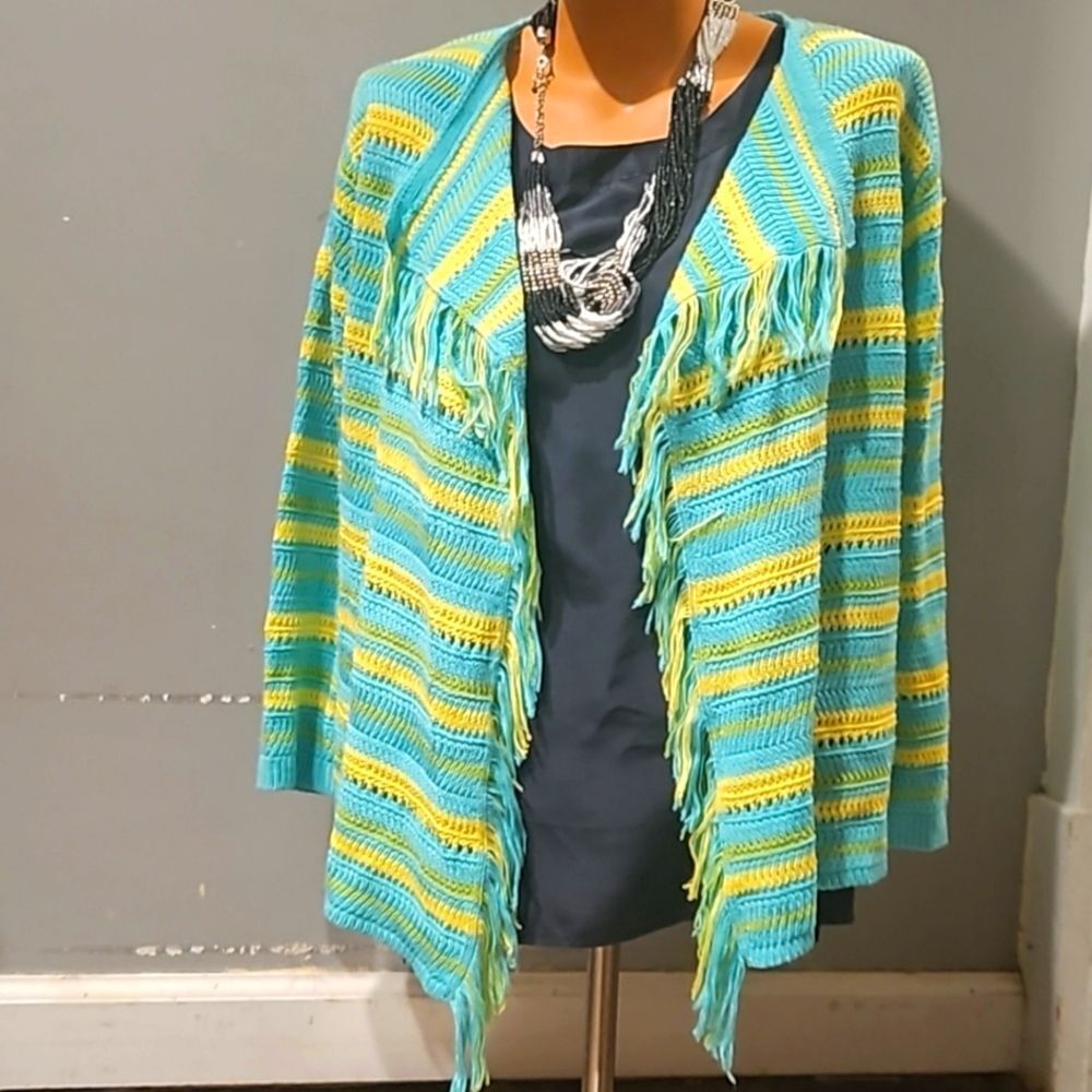 Vintage Y2K Grandma Crotchet Blue striped Open Cardigan Sweater Fringe Bright